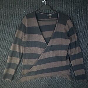 Philosophy Dane Lewis Womens Cashmere Sweater Brown Black Striped Wrap‎ V-Neck L